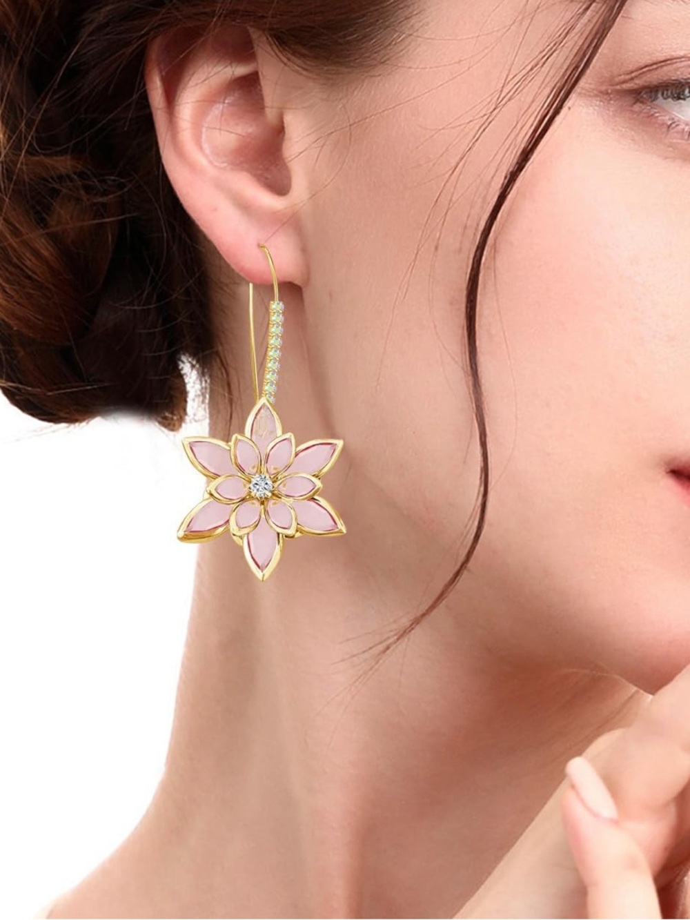 Anthropologie Gold and Pink Floral Drop Earrings